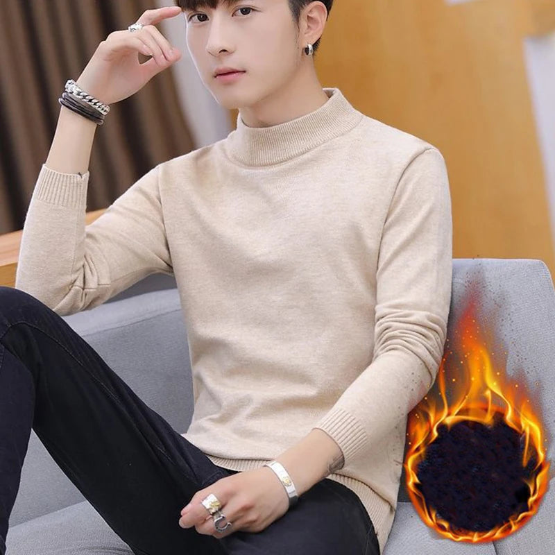 Plüschiger Herren-Strickpullover mit Rollkragen und samtgepolstertem, warmem Pullover, Herbst/Winter, lässiger Pullover mit dickem Boden und O-Ausschnitt