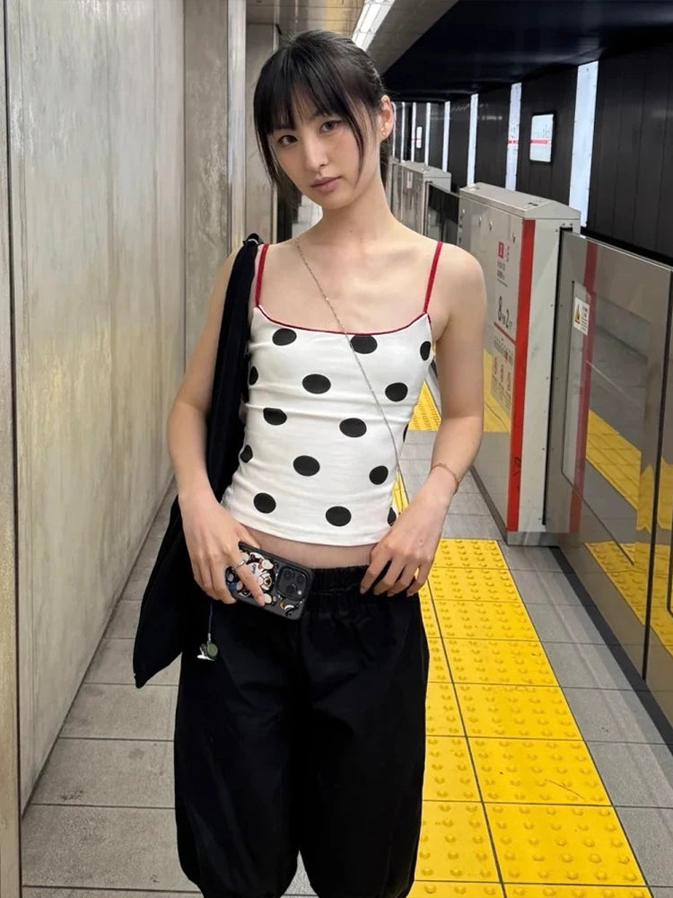 Polka Dot Patchwork Camisole Women Y2K Style Spaghetti Strap Skinny Stretch Street Fashion Versatile Style Tank Tops
