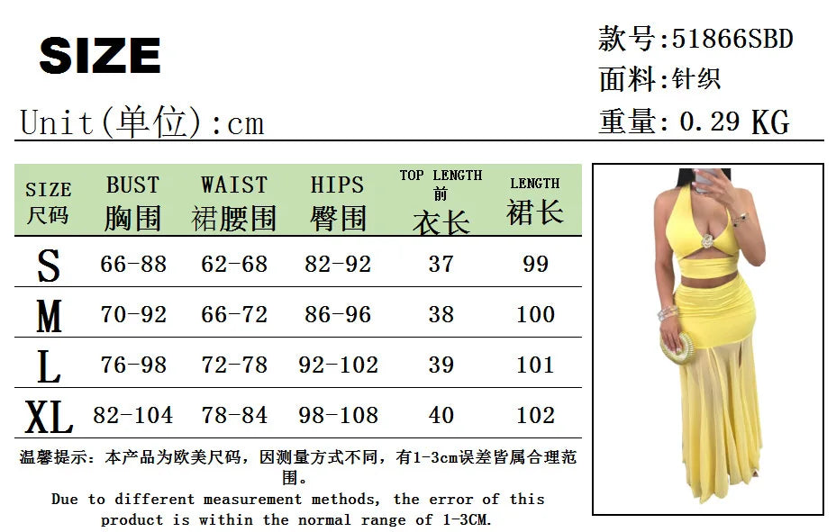 Sexy Fashion 2 Piece Set Women Metal Flower Decoration Halter Hollow Tops + Mesh Patchwork Long Skirts Elegant Outfits