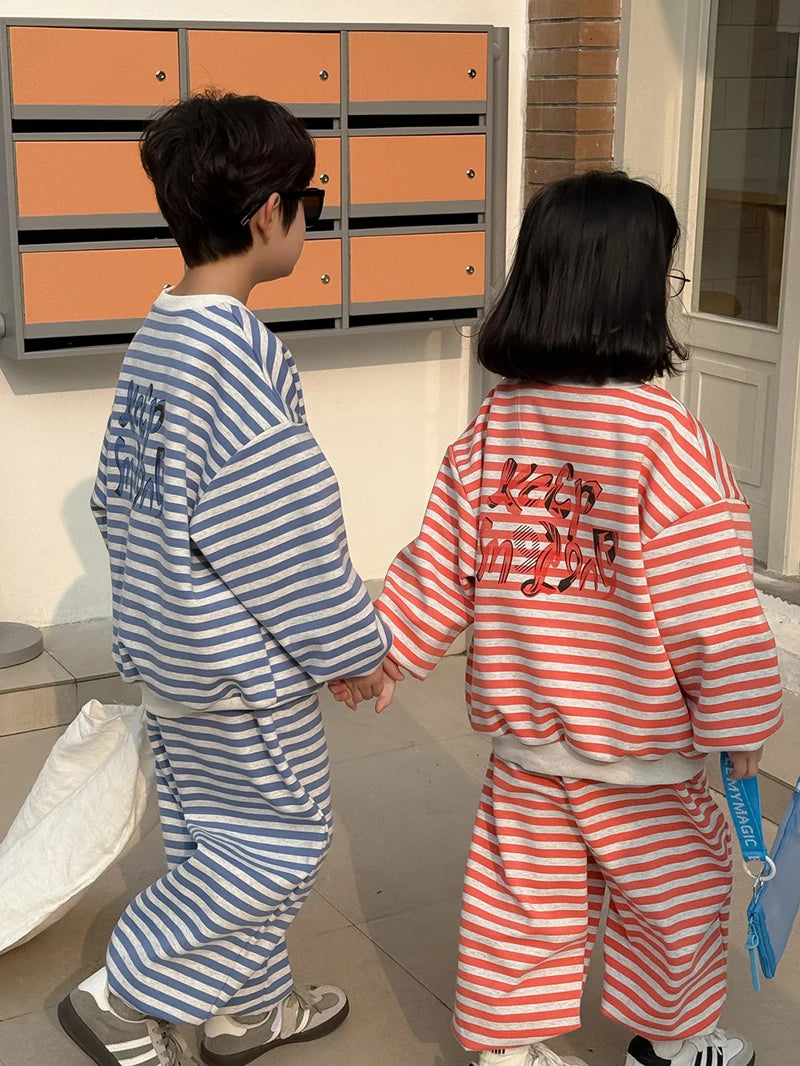 Spring Children's Clothes Boys' Tracksuit Kid's O-Neck Hoodie Set Girls' Korea Striped Letter Printed Sweatshirt 2Pcs Suit 4-6Y Unisex