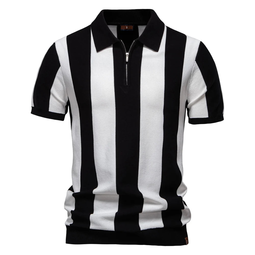 Men's Summer Breathable And Striped Contrast Panel Polo Shirt - Casual Short-Sleeve Knit Shirt With Comfort Fit