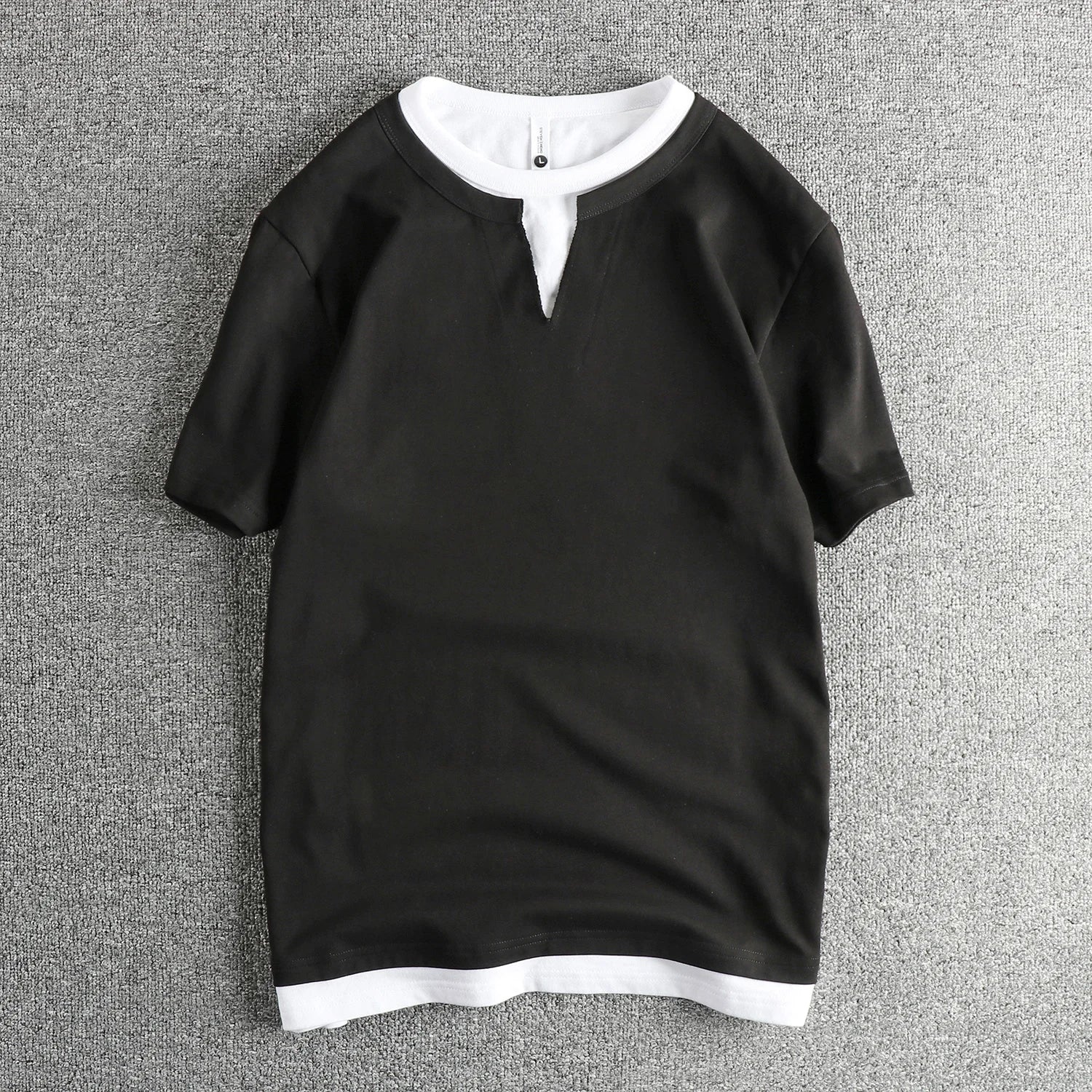 2025 Summer American Retro Short Sleeve V-neck Fake Two Pieces Solid Color T-shirt Men's 100% Cotton Washed Youth Casual Tops