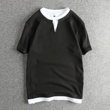 2025 Summer American Retro Short Sleeve V-neck Fake Two Pieces Solid Color T-shirt Men's 100% Cotton Washed Youth Casual Tops