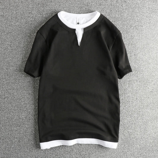 2025 Zomer Amerikaanse Retro Korte Mouw V-hals Nep Twee Stukken Effen Kleur T-shirt Heren 100% Katoen Gewassen Jeugd Casual Tops