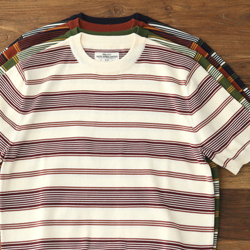 2025 Zomer Nieuwe Amerikaanse Retro 280G Korte Mouw O-hals Gebreid Gestreept T-shirt Heren Eenvoudig 100% Katoen Gewassen Casual Slim Tops