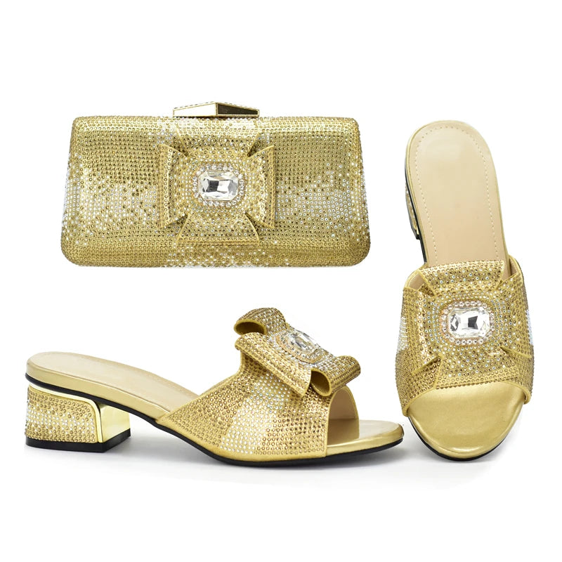 Italian Women Elegant Low Heel Shoes and Bag Set Decorated with Rhinestone for Ladies' Wedding Bride Shoes