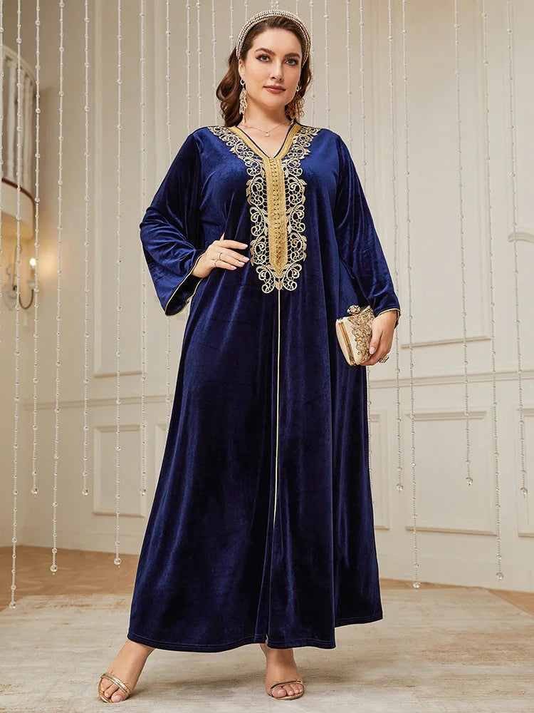 Women's Plus Size Contrast Lace Tape Velvet Dress New Autumn Winter Luxury Elegant Abaya Arabian Muslim Maxi Dresses