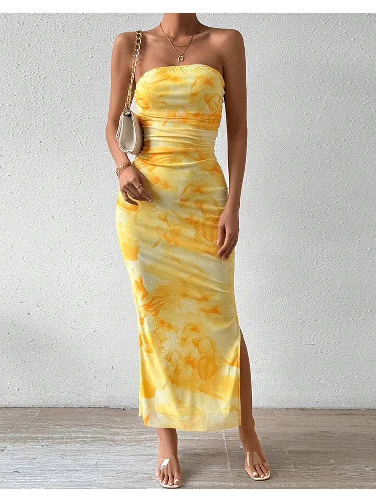 Dresses Summer Vacation Decent Graphic Print Strapless Sleeveless Off Shoulder Maxi Side Slit Dresses For Women