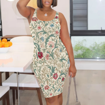 Elegant Floral Print Sleeveless Bodycon Dress Slim Fit Soft Touch Fabric Women’s Casual Mini Dress