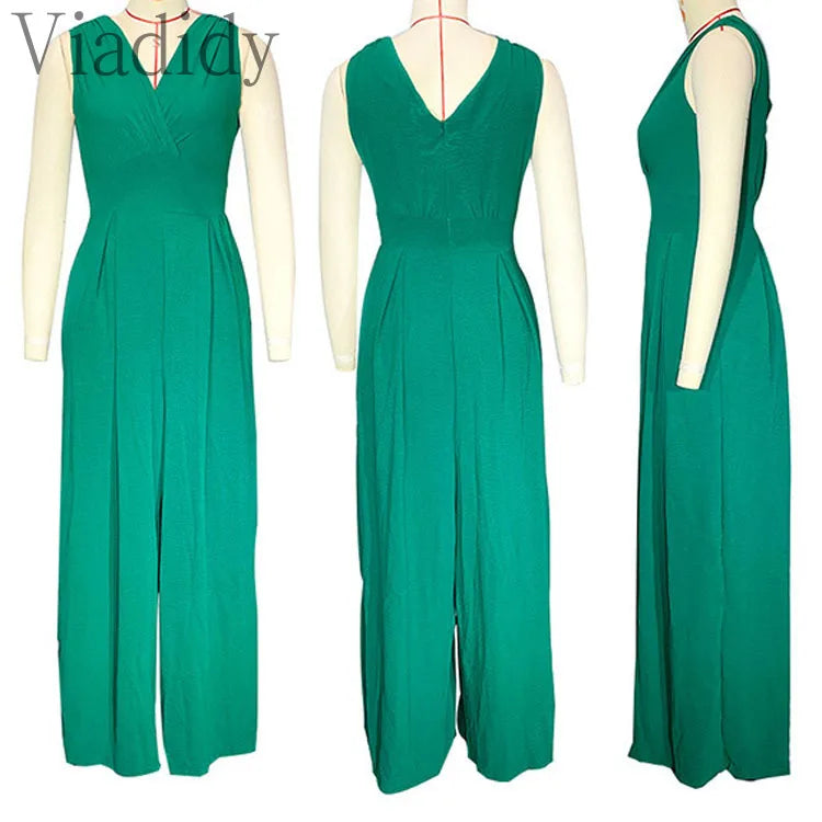 Women Solid Color V-Neck Sleeveless Side Pockets Wide Leg Jumpsuit