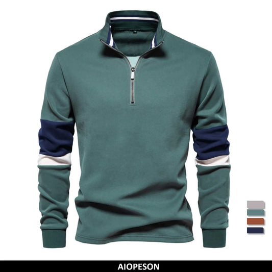 Men's Mock Neck Quarter Zip Sweatshirts Patchwork  Fashion Pullover Cotton-blend Sweatshirt for Men