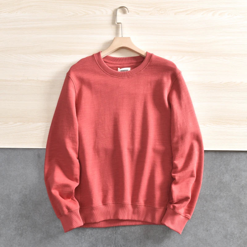 Spring New American Retro Long Sleeve O-neck Solid Color Sweatshirts Men's Simple 100% Cotton Washed Pullover Casual Sportwear
