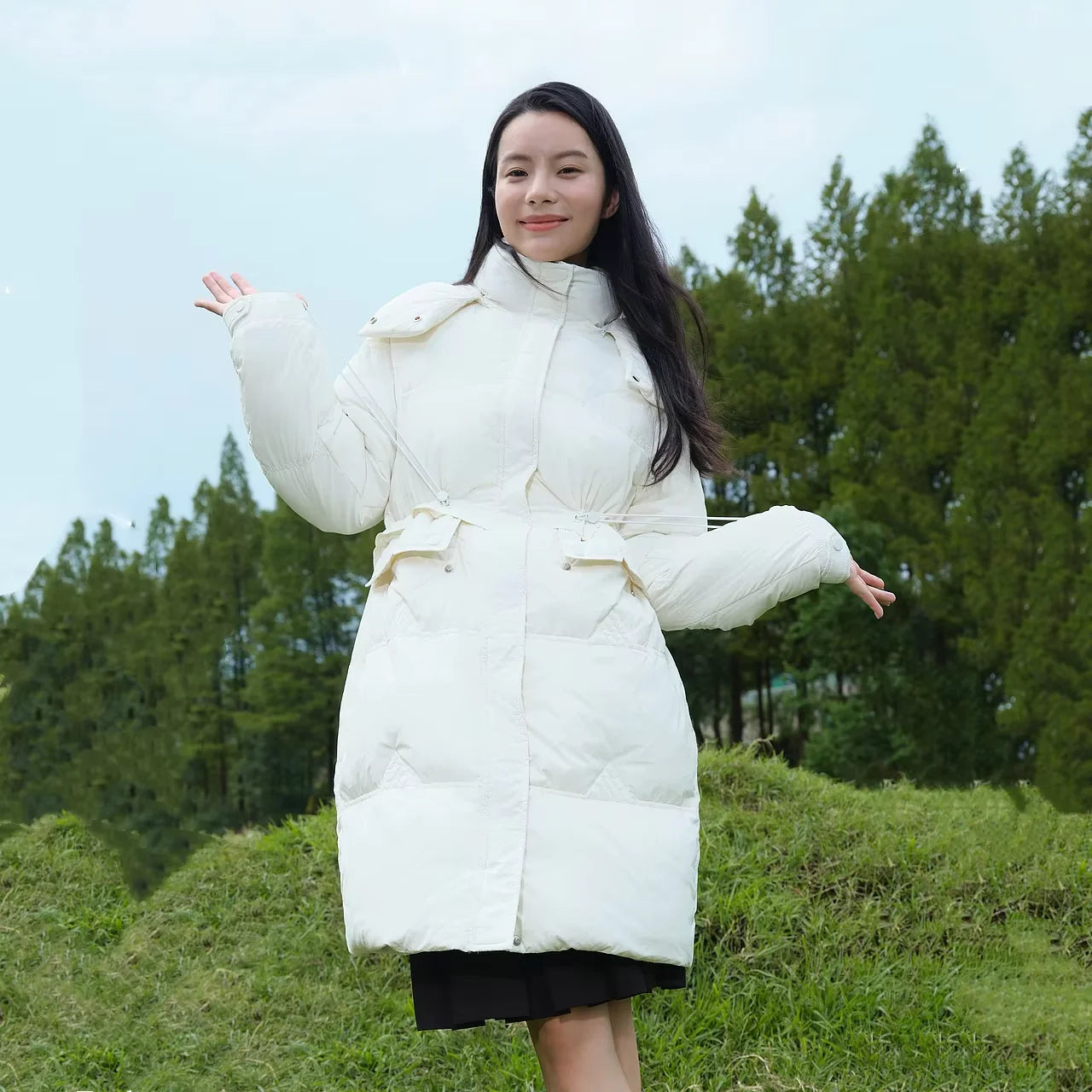 Women's Stand Collar Hooded Long Down Jacket, Waist Adjustable Belted Solid Colour, Thick Puffer Coat Fashionable Korean Style For Ladies