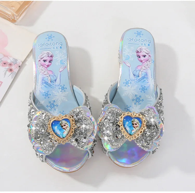 Zomersandalen voor meisjes, modieuze slippers met pailletten, prinsessenschoenen voor kinderen, hoge hakken, feestjurken, Elsa-schoenen, leren slippers voor meisjes