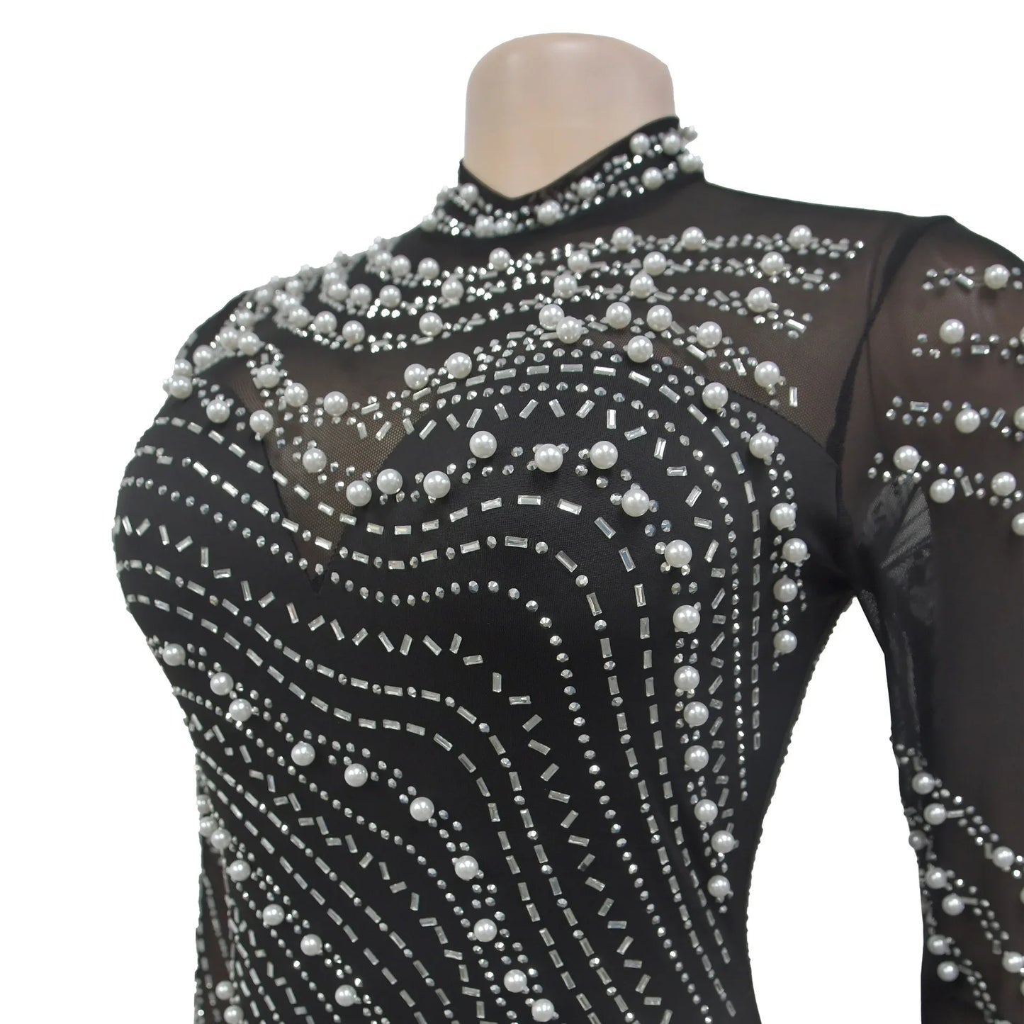 Sexy Mesh Patchwork Rhinestone Beads Floor Length Party Long Dress