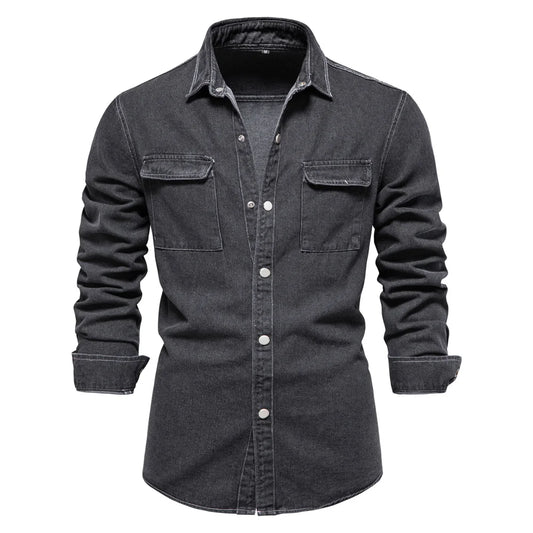 Men's 100% Cotton Denim Shirts Solid Colour Double Pocket Casual Long Sleeve Shirts Autumn Thickened Shirts For Men