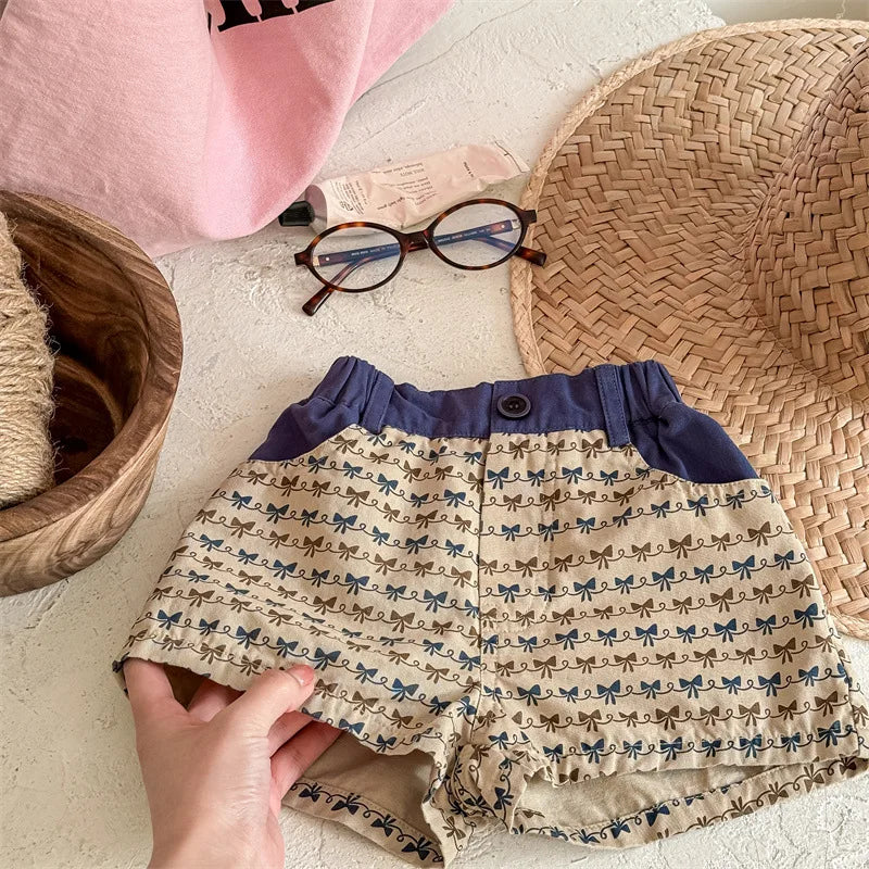 2025 Zomer Nieuwe Baby Meisjes Strik Print Shorts Katoenen Kinderen Losse Shorts Kinderen Veelzijdige Casual Broek Ademende Peuterkleding 4-6Y