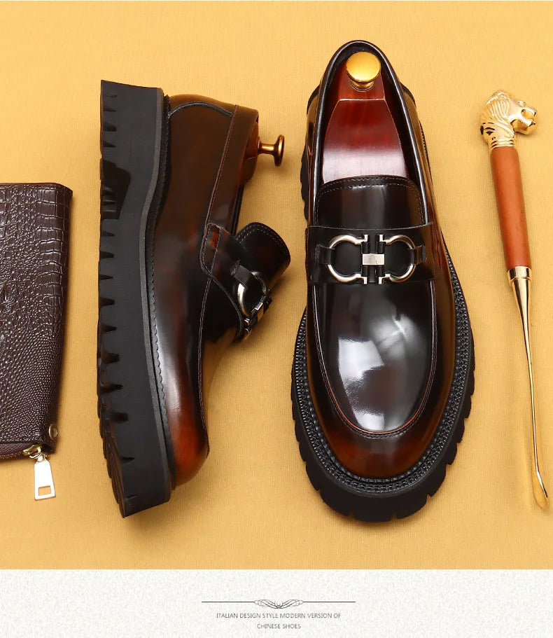 Cow Leather British Loafers Men Glossy Leather Business Casual Heightening Shoes - Non-Slip Tire Soles Dress and Round Toe Shoes