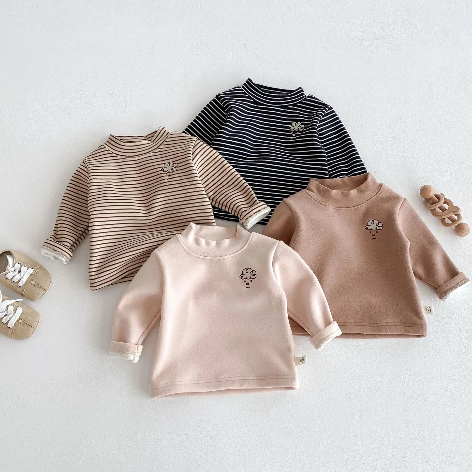 Herfst Kinder Basis Shirt Jongens Halve Turtleneck Warme Onderkant Tops Meisjes Bontvoering Geborduurde Gestreepte Blouse 0-5 Jaar Unisex