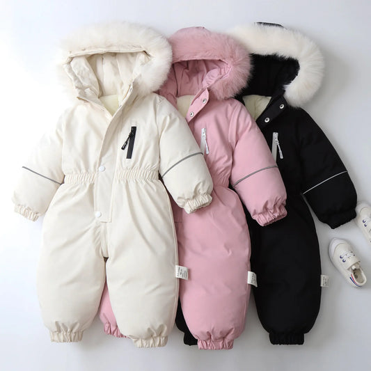 Unisex Children's Winter Warm Ski Suit Polar Fleece Lining Jumpsuit Waterproof Overalls Kid's Hooded Sportswear 1-5Y