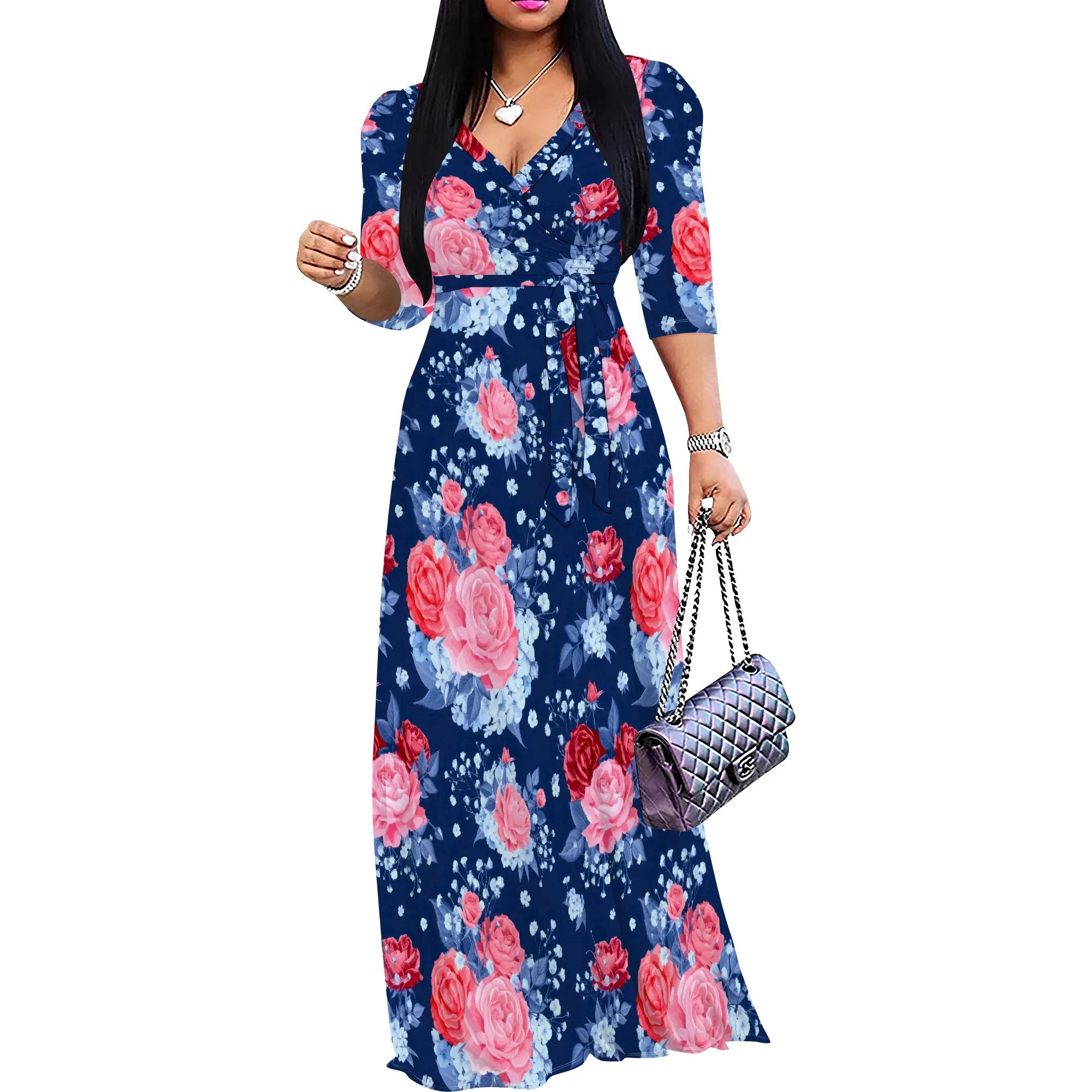 White Chain Rose Print Maxi Dress Women Elegant Floral Belted V Neck Summer Fashion
