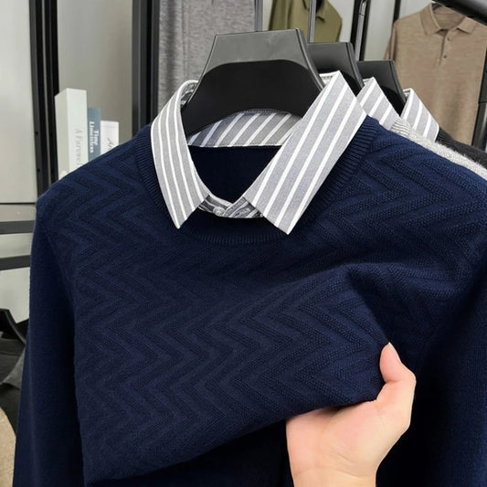 Men's Knitted Sweater With Shirt Collar - Vintage Style Fake Layered Business Casual, Pullover Old Money Style Top