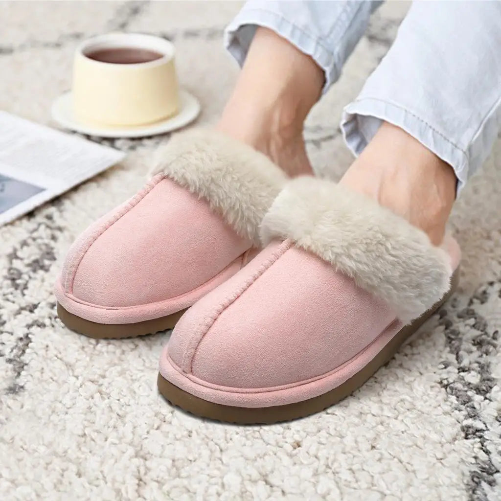 Unisex Winter Fur Slippers Home Suede Mules Short Plush Slippers For Indoor Warm Cosy Fuzzy Flats Slides For Men & Women