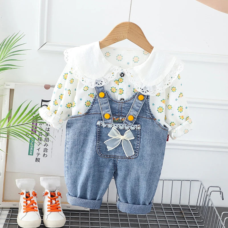 New Spring Kids Clothes Set Girls Cute Flower Blouse + Denim Overalls Children 2PCS Outwear 12-36m 4-6Y Girls
