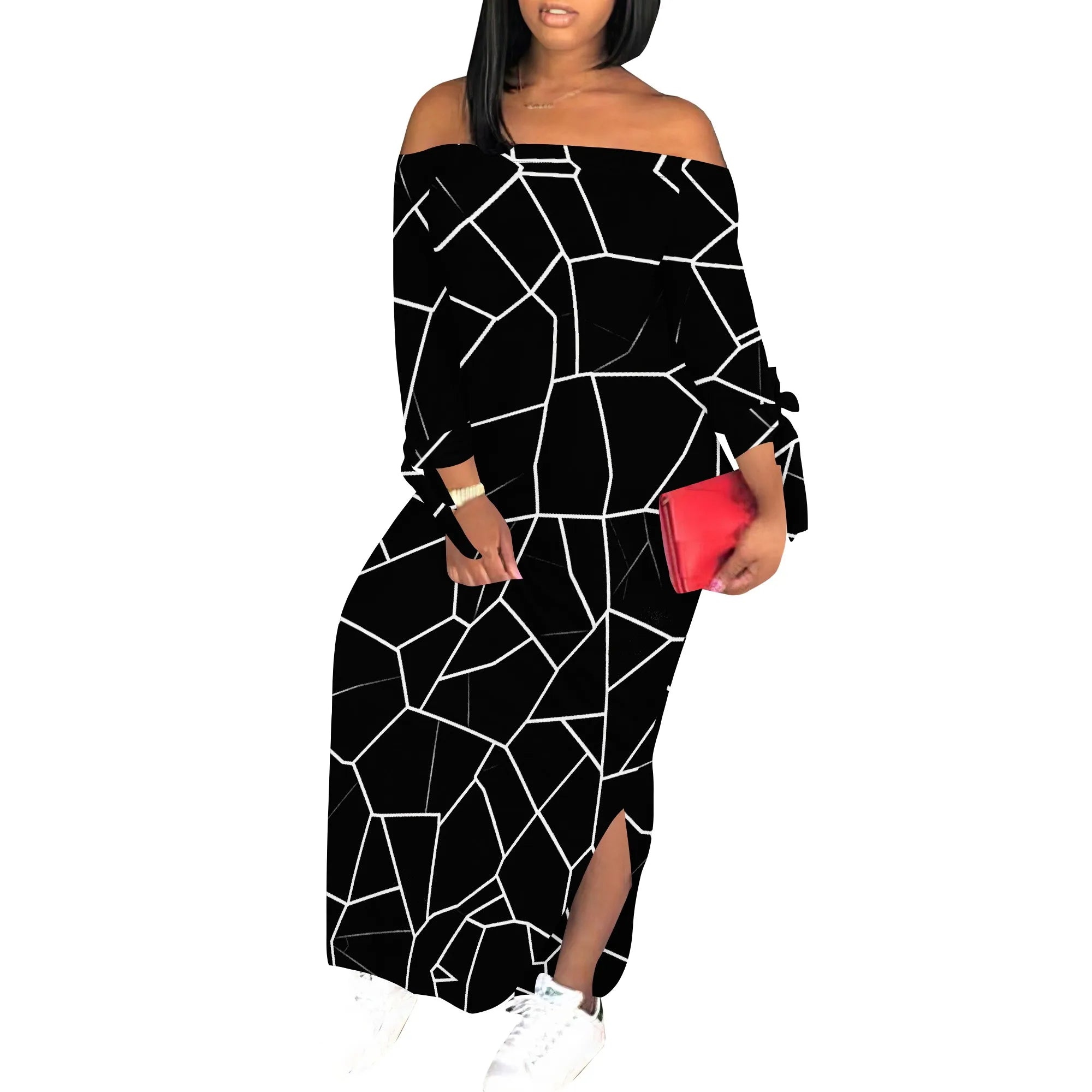 Off Shoulder Long Sleeve Maxi Dress for Women Geometric Line Print Chic Casual Slim Fit Dress