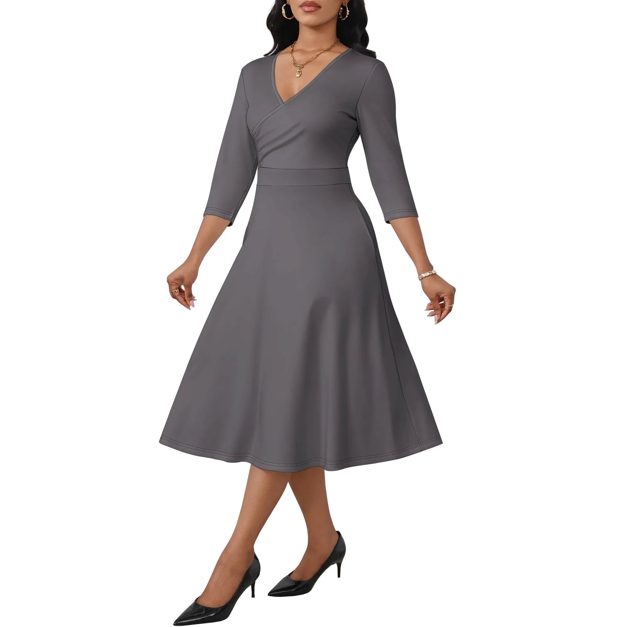 Ladies' casual flared midi dress, wedding guest cocktail tea party dress, A-line swing V-neck, three-quarter sleeves.