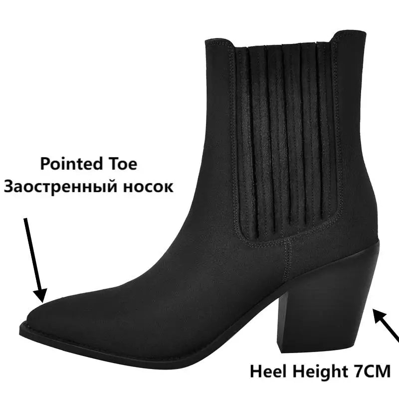 Pointed Toe  Pull-on Western Cowgirl  Boots  Chunky Heel Big Size Ankle Boots
