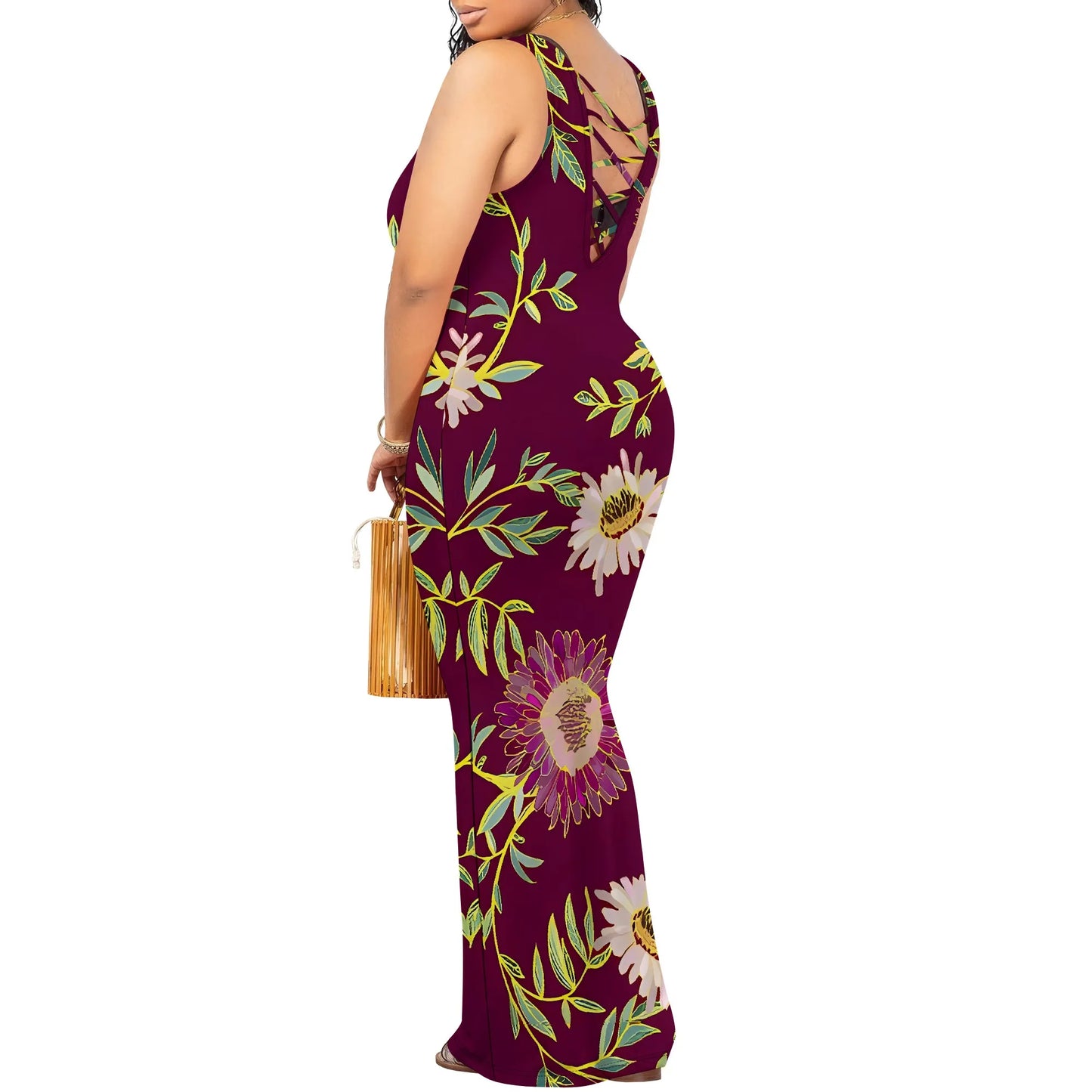 Boho Floral Sleeveless Maxi Dress for Women Vintage Burgundy Print Bodycon Long Dress Casual Spring Summer Outfit