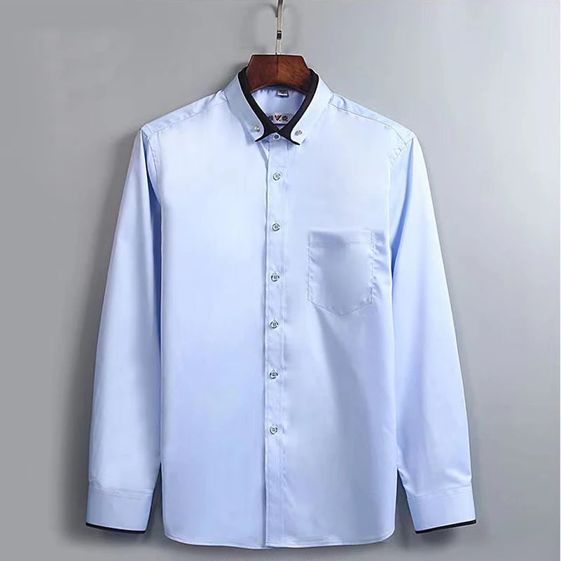 Men's Double Collar Shirt Long Sleeves Fashion Formal Classic Business Dress Shirt Black Casual Slim Fit Breathable Non-Iron Top