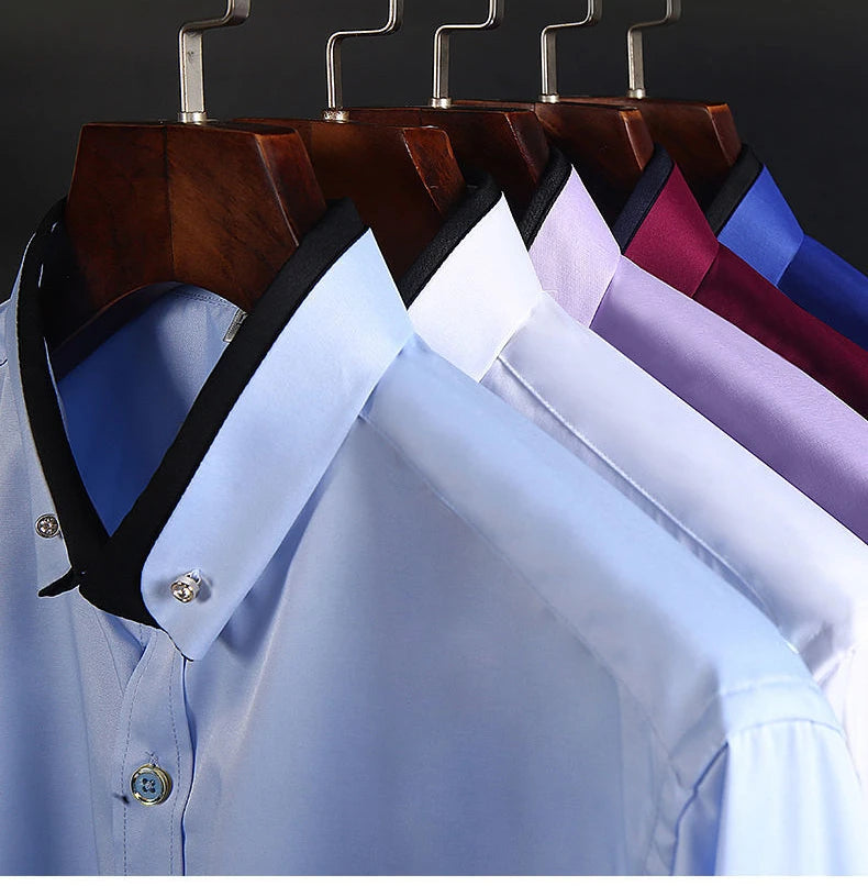 Men's Double Collar Shirt Long Sleeves Fashion Formal Classic Business Dress Shirt Black Casual Slim Fit Breathable Non-Iron Top