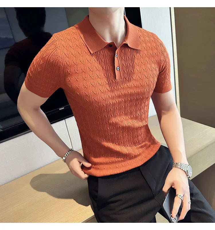 Men's Slim-Fit Jacquard Knitted Short-Sleeved Polo Shirt for Male Fashion Lapel Golf Shirt