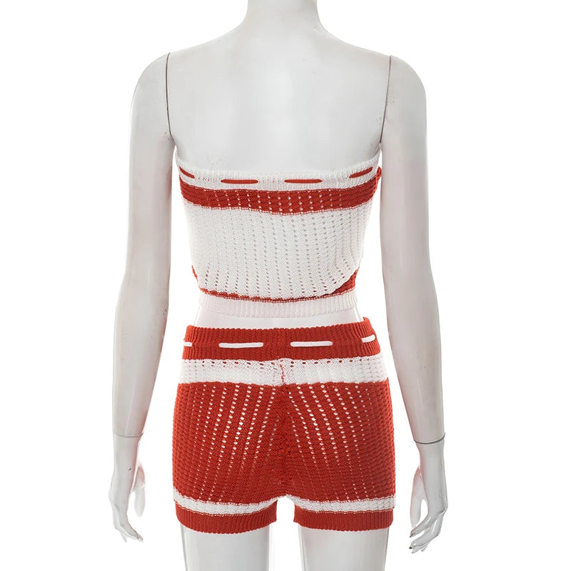 Crochet 2 Piece Set Women Hollow Beach Vacation Shirring Strapless Tops + Contrast Shorts Matching Tight Stretch Suits