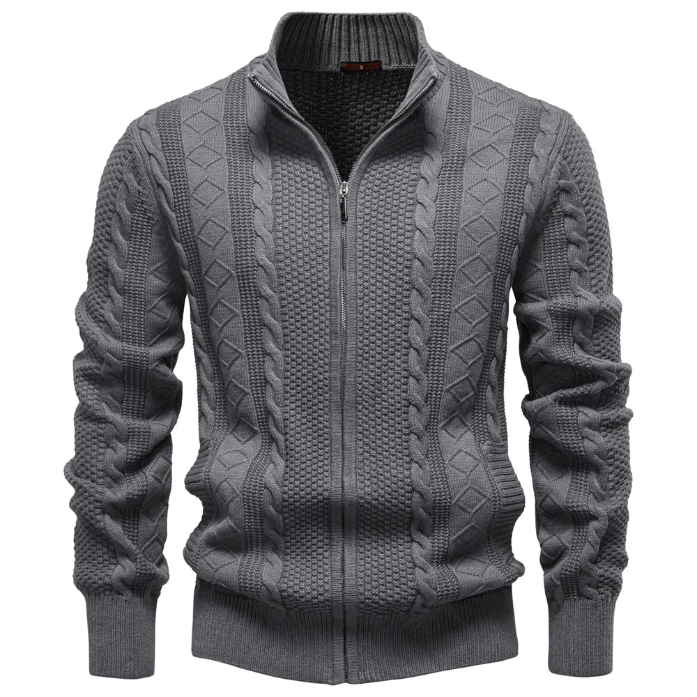 Men's Classic Zip-Up Jacket Cotton Solid Colour Fleece Lined Winter Warm Outdoor Sports Luxury Casual Male Outerwear