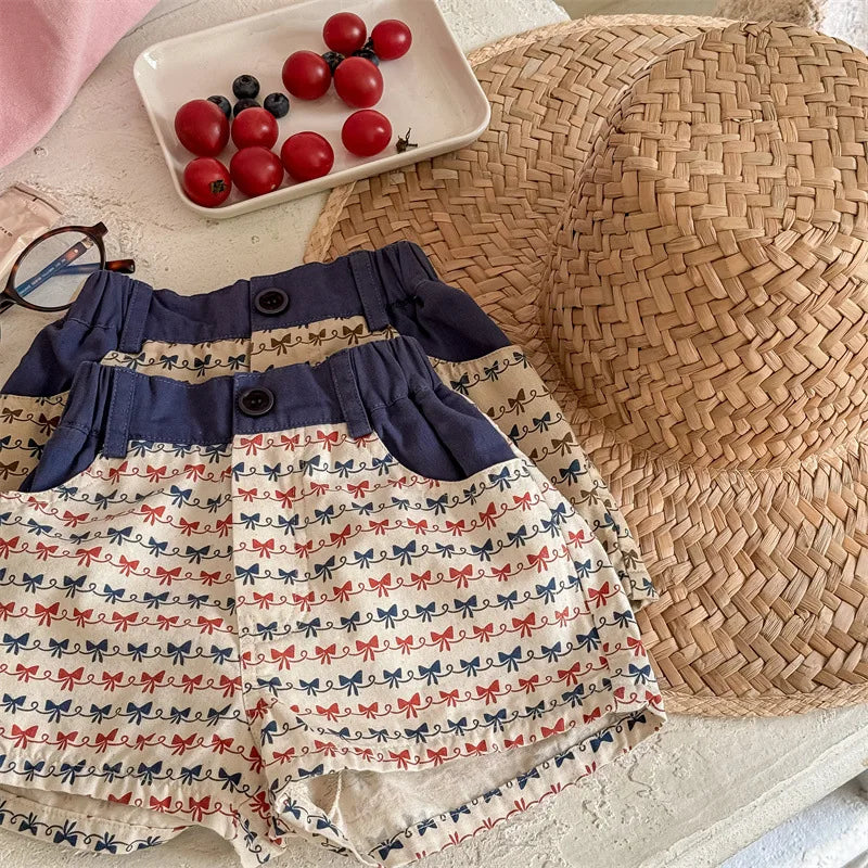 2025 Zomer Nieuwe Baby Meisjes Strik Print Shorts Katoenen Kinderen Losse Shorts Kinderen Veelzijdige Casual Broek Ademende Peuterkleding 4-6Y