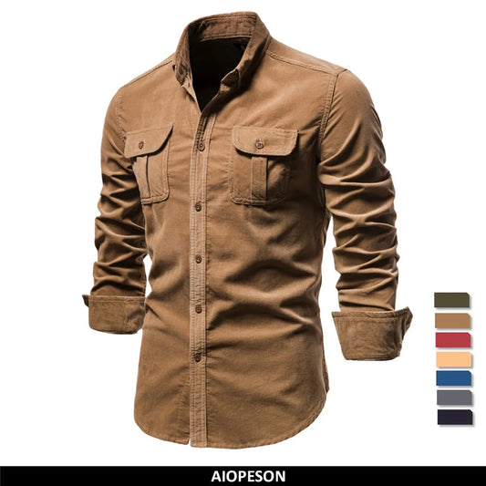 2021 Nieuw enkelrijgs overhemd van 100% katoen voor heren, zakelijk casual, effen corduroy overhemd voor heren, herfst, slim fit overhemd voor heren