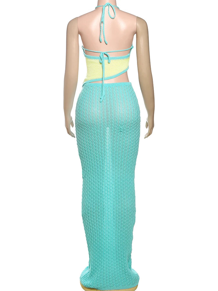 Crochet Beach Women 2 Piece Set Sleeveless Irregular Backless Halter Tank Tops + Maxi Skirts Vacation Matching Clubwear
