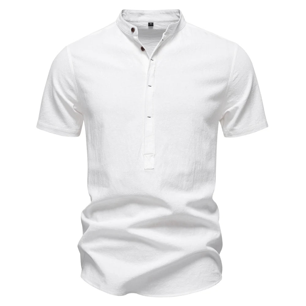 Men's Short Sleeve Solid Colour Linen Shirt Turn Down Collar Casual Summer Breathable Comfort Shirts for Men‌