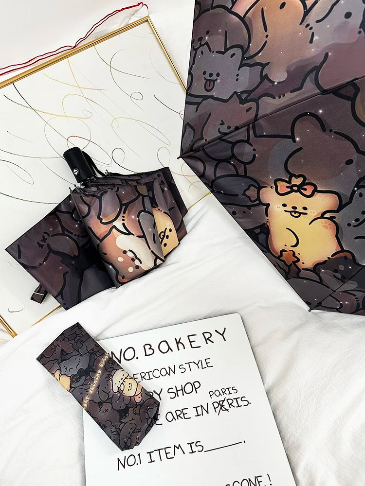 Automatic Fold Umbrella with Shiny Puppy Design | All-Weather UV Sunshade | High - End Ins Style for Women