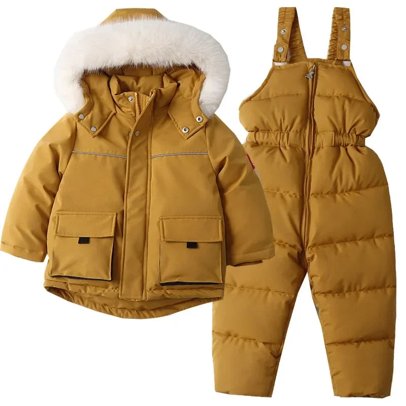 Unisex 2Pcs Winter Warm Children's Ski Clothes Set Thicken Fur Lining Hooded Coats & Overalls Set Snowsuit For Kids 2-5Y