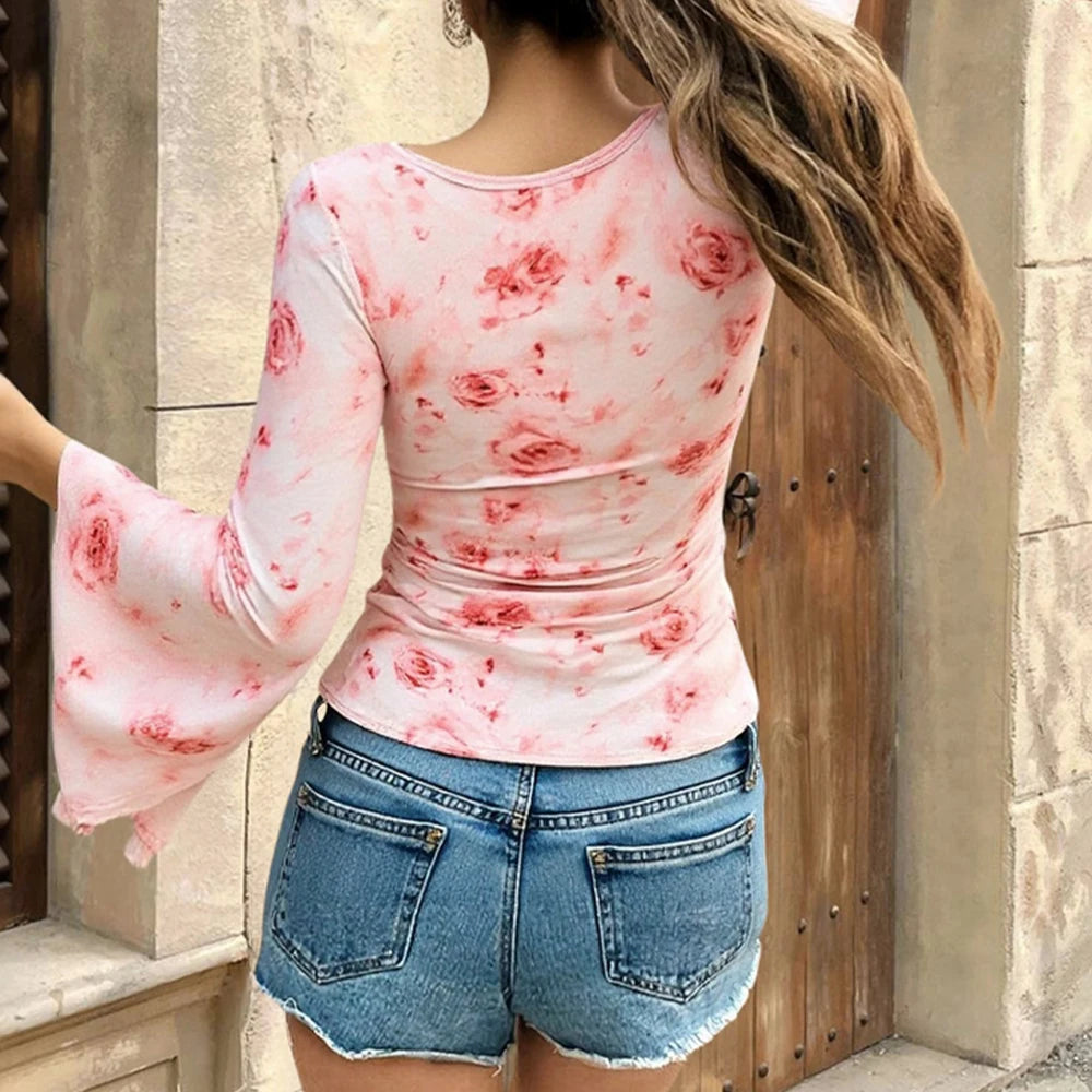 T-Shirts Spring Summer Korean Elegant Floral Folds Long Sleeve V-Neck Dating T-Shirts For Women