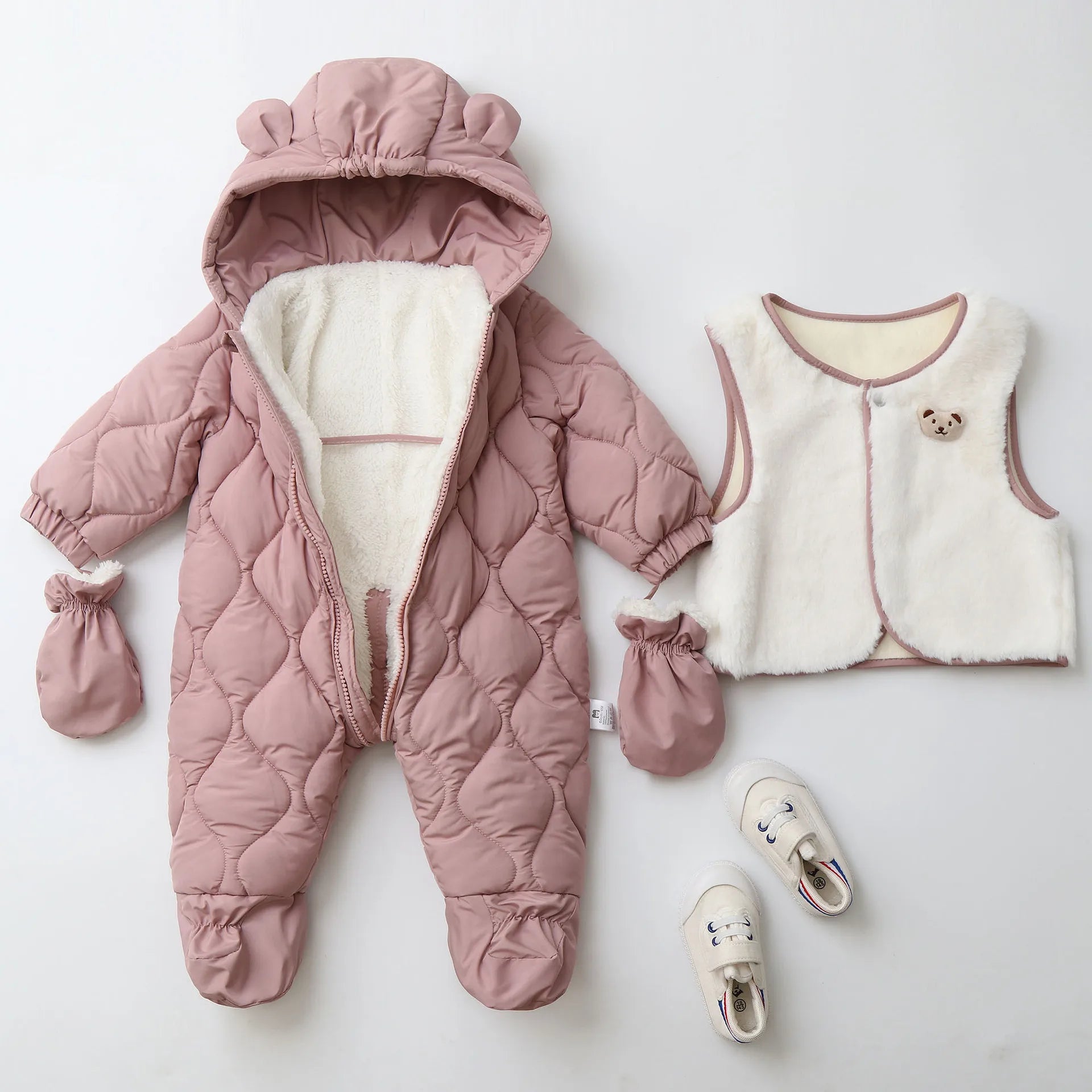Baby's 2Pcs Winter Warm Clothes Thicken Fleece Rompers Jumpsuits Fur Lining Footie and Vest Snowsuit For Toddlers 0-2Y