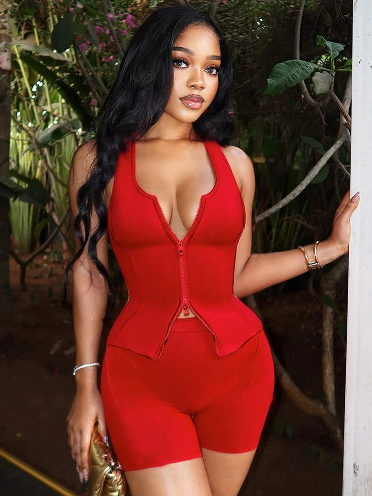 Casual Women 2 Piece Set Stretch Double Zip Tank Tops + Shorts Matching Patchwork Simple Basic Streetwear Tracksuit