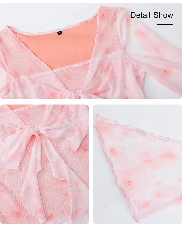 T-Shirts Spring Summer Korean Elegant Floral Folds Long Sleeve V-Neck Dating T-Shirts For Women