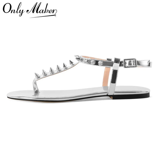 Women Round Toe T-Strap Rivet Flats  Sandals  Big Size Fashion Summer Sliper