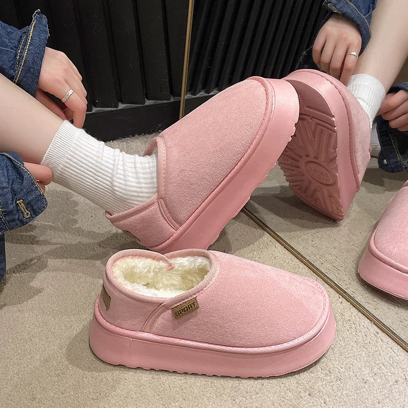 Women's Winter Warm Fuzzy Lining Cotton Shoes Fur Fluffy Slippers For Indoor and Outdoor Use With Anti-Skid Plush Thick Sole Cotton Shoes