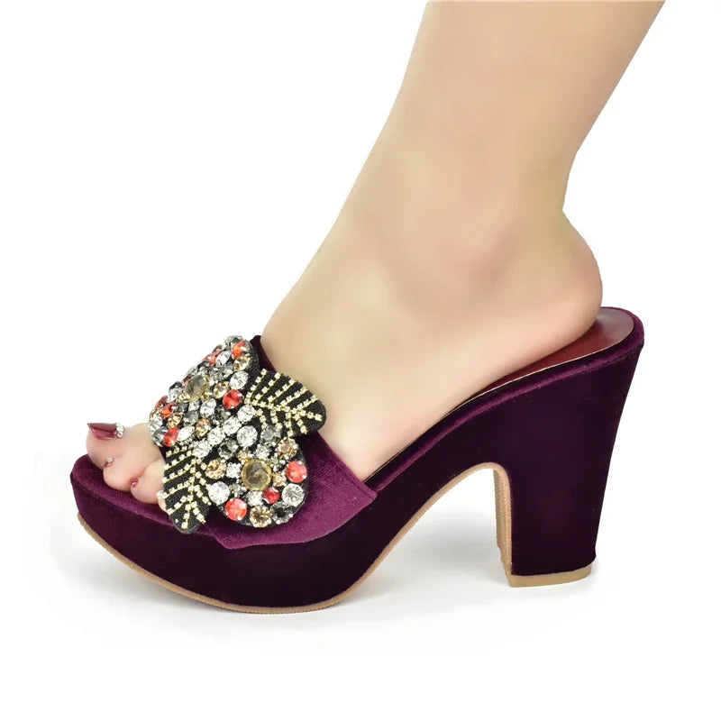 African Women Party Pumps Decorated with Rhinestone Shoes for Wedding Women Wedges Shoes for Women Platform Heels Nigerian Pumps